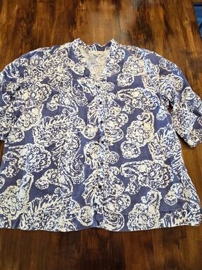 JM Collection Shirt Womens Plus 18W Blue Paisley Linen Button Up Top 3/4 Sleeve